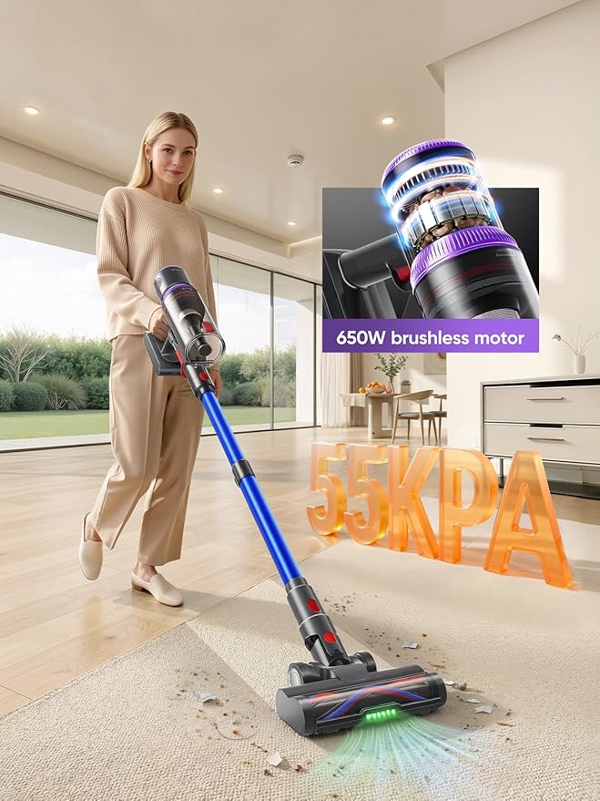 SMOTURE Cordless Vacuum Cleaner 650W 55KPA 70 Mins Vacuum Cleaners for Home Pet Brush &amp Sofa Brush 3.3Ft Hose Wall-Mount Charging Stick Vacuum for Pet Hair/Sofa/Carpet/Hard Floor