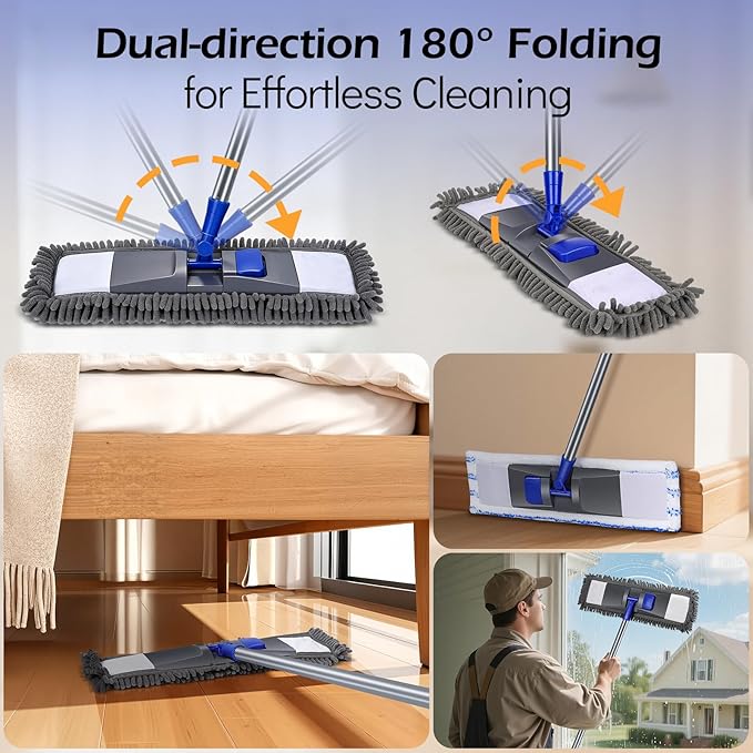 MASTERTOP Microfiber Mop for Floor Cleaning Flat Dust Mop for Home and Kitchen Adjustable Stainless Steel Handle with 4 Washable Pads&amp1 Cleaning Scrape for Hardwood Vinyl