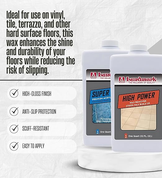 Lundmark Super Gloss Anti-Slip Floor Wax Liquid 32 oz + Wax Remover 1 qt Bundle with Microfiber Cleaning Cloth – Enhances Shine and Provides Long-Lasting Protection – Gift Set (3 Items)