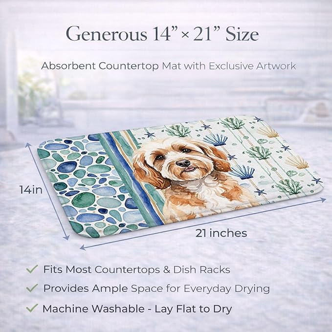 Caroline's Treasures Cavapoo Coastal Sea Glass Dish Drying Mat Absorbent Dish Drying Mat Pad for Kitchen Counter Dish Drainer Mat for Countertop 14 x 21 Multicolor