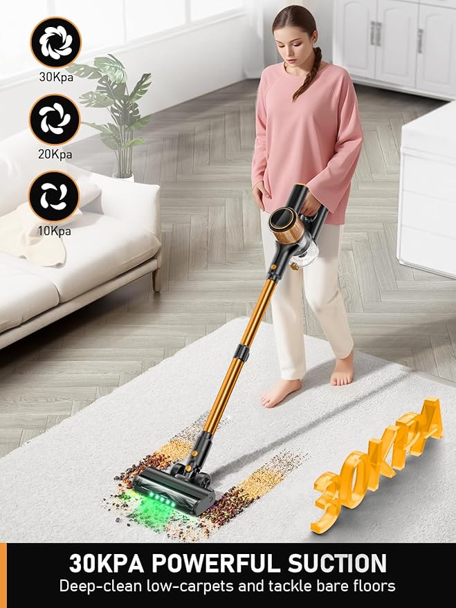 Cordless Vacuum Cleaner 30Kpa 8 in 1 Lightweight Stick Vacuum with Sofa Brush 350W Motor Anti-Tangle Brush with Green Light 40mins Runtime Rechargeable Vacuums for Hardwood Floor Carpet Pet Hair