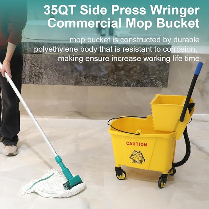 Side Press Wringer Combo Commercial Mop Bucket on Wheels 35 QuartYellow Including Commercial Mop and Rubber Gloves