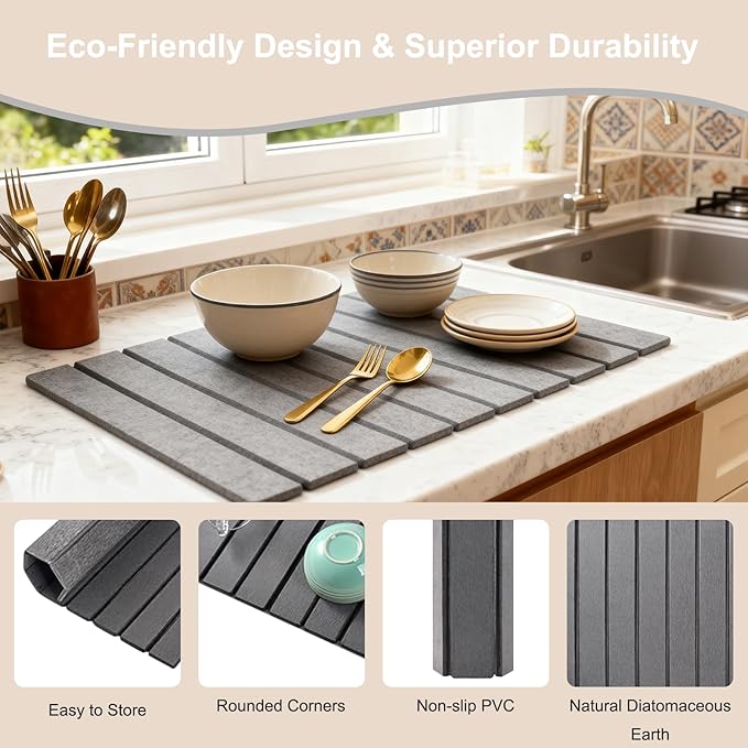Stone Drying Mat for Kitchen Counter 24x16 Inch Foldable Diatomaceous Earth Stone Sink Fast Absorbing Dish Drying Mats for Dishes Bottles Cups Match any Countertop (Dark Gray 24x16 Inch)
