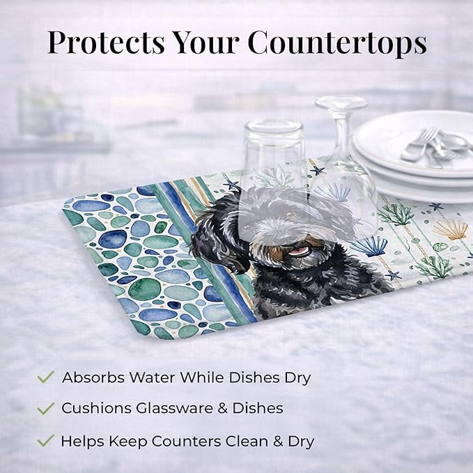 Caroline's Treasures Black Havanese Coastal Sea Glass Dish Drying Mat Absorbent Dish Drying Mat Pad for Kitchen Counter Dish Drainer Mat for Countertop 14 x 21 Multicolor