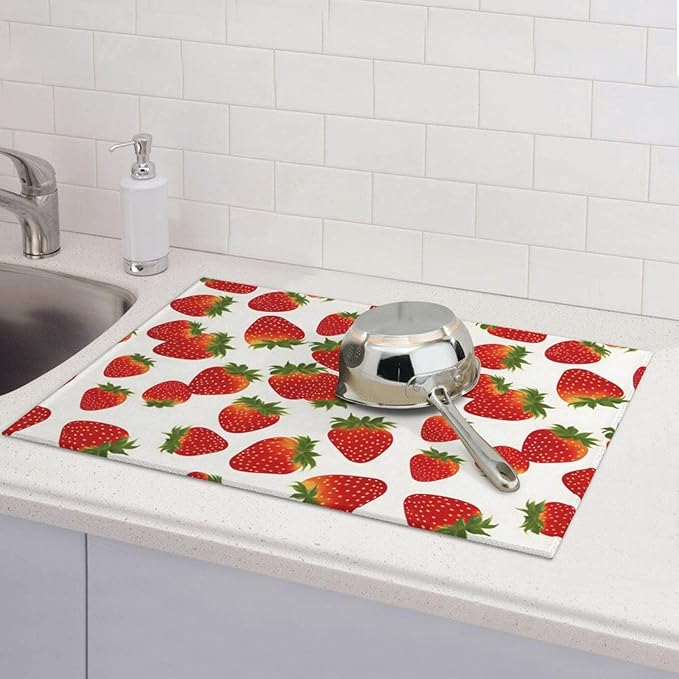 Cute Strawberry Dish Drying Mat For Kitchen Counter Super Absorbent Microfiber Dish Drying Pad Kitchen Gadgets For Easy Clean Multi-Use Large 18x24