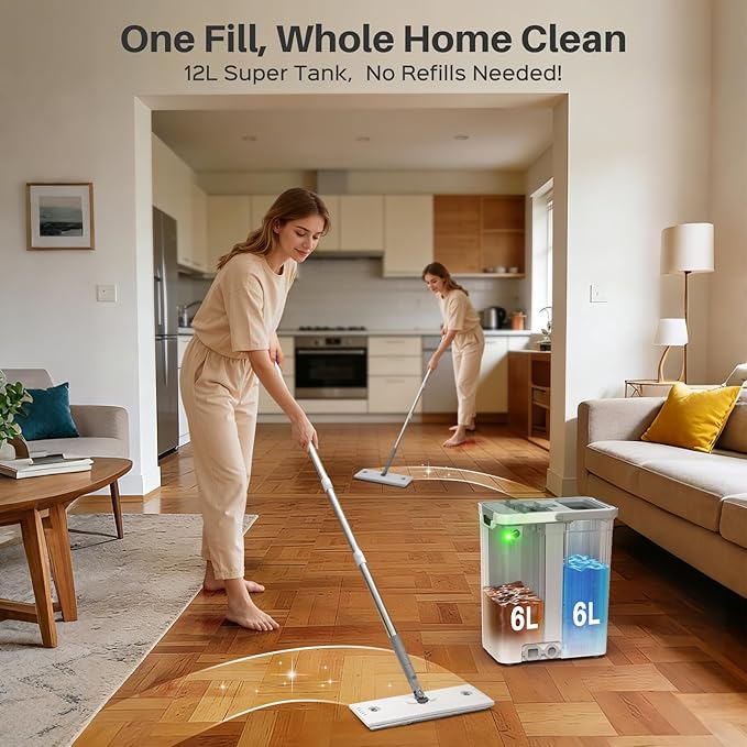 Mop and Bucket Set with AUTO Pump 3-Zone Separate Dirty and Clean Water Flat Mop and Bucket System with Wringer and Wheels 3 Reusable Microfiber Pads One-Touch Water Filling for Home Cleaning