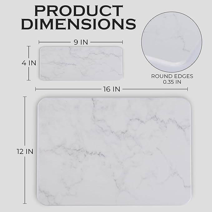 J.B Large Stone Drying Mat for Kitchen Counter - Quick Dry Stone Mat with Sink Caddy Ultra Absorbent Dish Drying Stone for Kitchen Counter and Bathrooms 16 x 12 Inch (Light Gray/White Marble Finish)