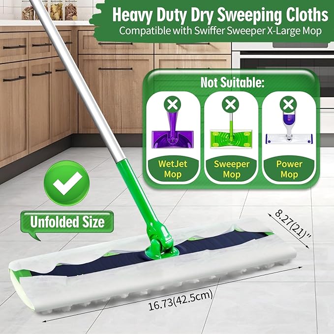 Heavy Duty Dry Sweeping Cloths Compatible with Swiffer Sweeper XL Mop Sweeper X-Large Dry Cloth Refills for Floor Mopping and Cleaning Disposable Pet Dry Pads Refills 80 Count
