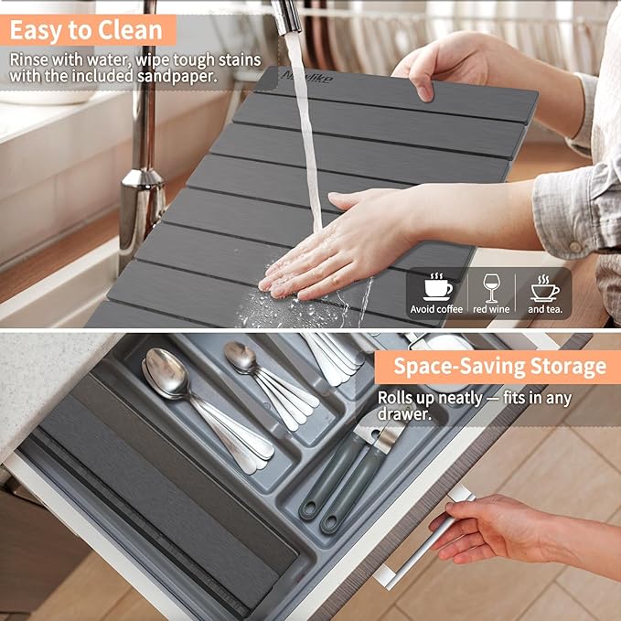 HotFox Dish Drying Mat for Kitchen Counter – Quick Dry Stone Drying Mat Foldable Diatomaceous Earth Pad Non-Slip Kitchen Sink Drying Mat Large Fast Drying Stone Mat for Dishes Coffee Maker Grey