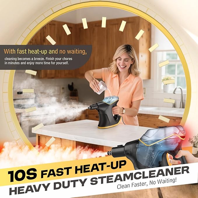 Powerful Handheld Steam Cleaner 10s Fast Heat 230°F High Pressure Steam Chemical-Free Cleaning 9-Piece All-in-One Kit for Grout Kitchen Car &amp Upholstery