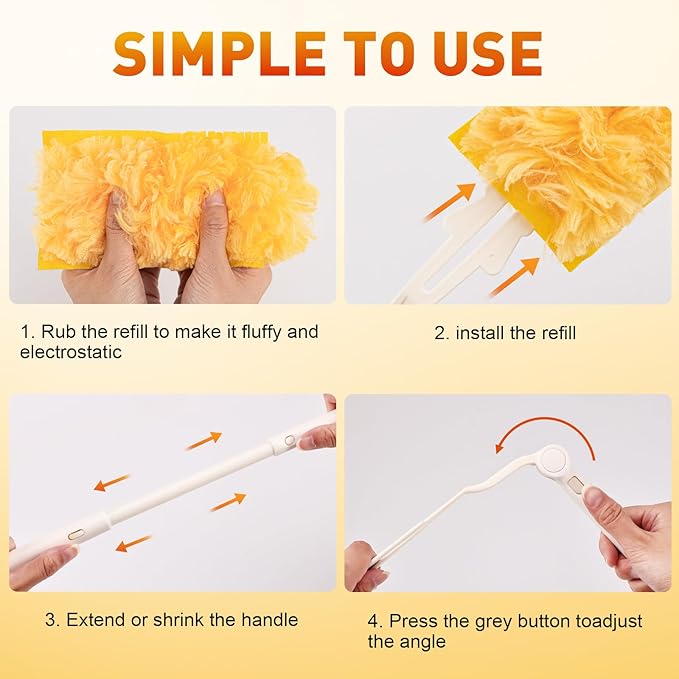 Heavy Duty Duster Refills Disposable Dusters Kit for Cleaning Dusting Furniture Blind Ceiling Fan Multi Surface 360 Feather Duster(60)+3FT Extended Handle +1 Handle
