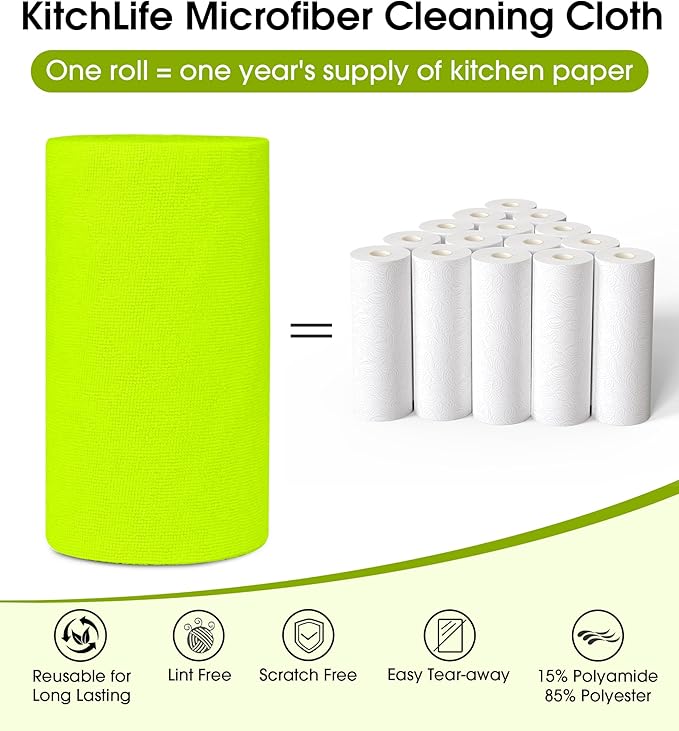 KitchLife Microfiber Cleaning Cloth Roll 100 Pack - Tear-Away Microfiber Paper Towels Lint-Free Reusable Washable for Kitchen Car Dishes and Sensitive Surfaces (Neon Green)