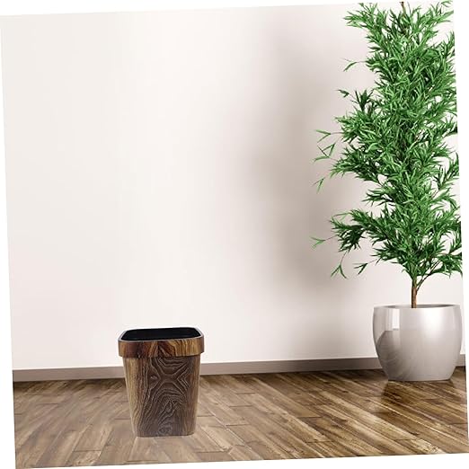 Square Trash Can with Faux Wood Grain Lidless Plastic Wastebasket with Removable Press Ring for Office Bedroom Kitchen Space-Saving Reusable Garbage Bin for Home and Farmhouse