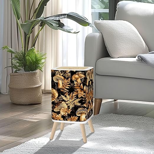 Small Trash Can with Lid Mushroom Seamless Boho Black Brown Mushroom Forest Vintage Mushrooms 2.6 Gallon/10L Garbage Can Waste Bin with Pop-Up Lid Wood Legs Wastebasket for Bathroom Kitchen Bedroom