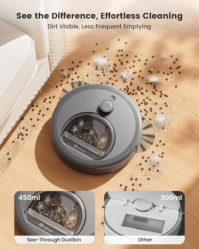 Lefant Robot Vacuum and Mop Upgraded LiDAR Navigation 450ml Visible Dustbin Strong Suction Multi-Floor Mapping Self-Charge WiFi/Alexa/APP Multi-Surface Cleaning M330 Pro Grey