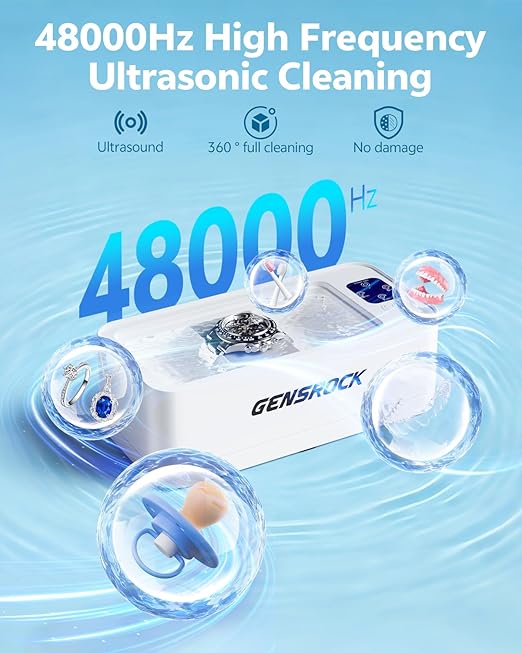 GENGROCK Ultrasonic Jewelry Cleaner Machine 48kHz Sonic Cleaner 3 Modes Deep Cleaning 360ML Food Grade Tank 45dB Quiet for Jewelry Rings Gold Silver Glasses Dentures(White)