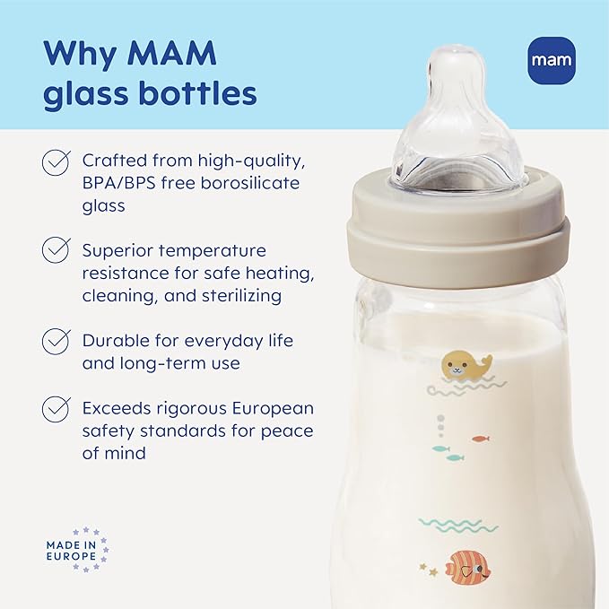 MAM 9oz Premium Glass Wide Neck Baby Bottle with Medium Flow Breastfeeding-Like Silicone Nipple Easy to Clean BPA Free 2+ Months Easy Switch Between Breast and Bottle Made in Europe 3 Pack