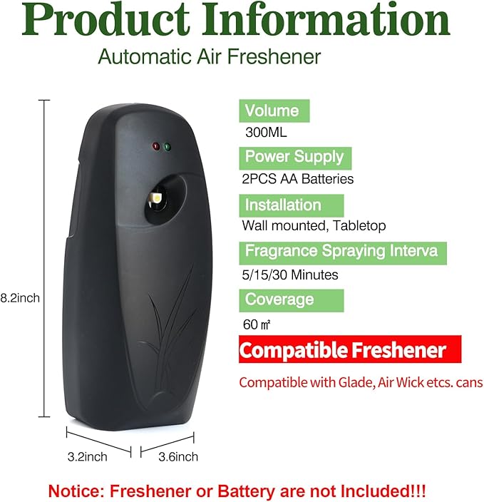 Automatic Air Freshener Dispenser 2 PacksHistely Auto Air Freshener Spray Dispenser Wall Mounted or Free Standing Battery Powered w/Interval Spray Setting for Commercial &amp Home UseNo Drilling(Bl