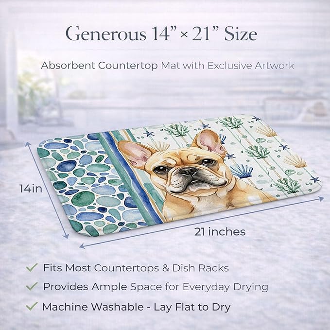 Caroline's Treasures Fawn French Bulldog Coastal Sea Glass Dish Drying Mat Absorbent Dish Drying Mat Pad for Kitchen Counter Dish Drainer Mat for Countertop 14 x 21 Multicolor