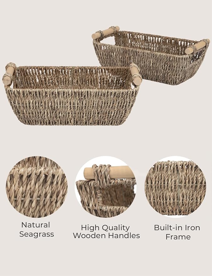 StorageWorks Small Baskets for Shelf Seagrass Woven Basket with Wooden Handles for Gifts 2-Pack