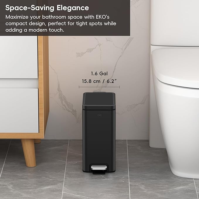 EKO Small Bathroom Trash Can with Lid Soft Close Step Pedal 6 Liter / 1.6 Gallon Stainless Steel Garbage Can with Removable Inner Bucket Anti-Fingerprint Finish (Matte Black)