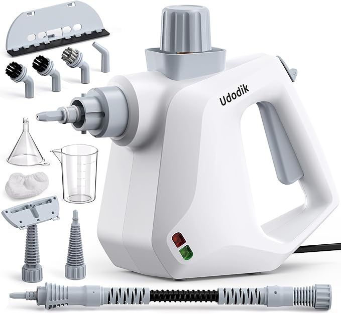 Handheld Steam Cleaner versatile and portable design comes with a safety lock and a 10-piece accessory set to easily remove dirt and grease (white).