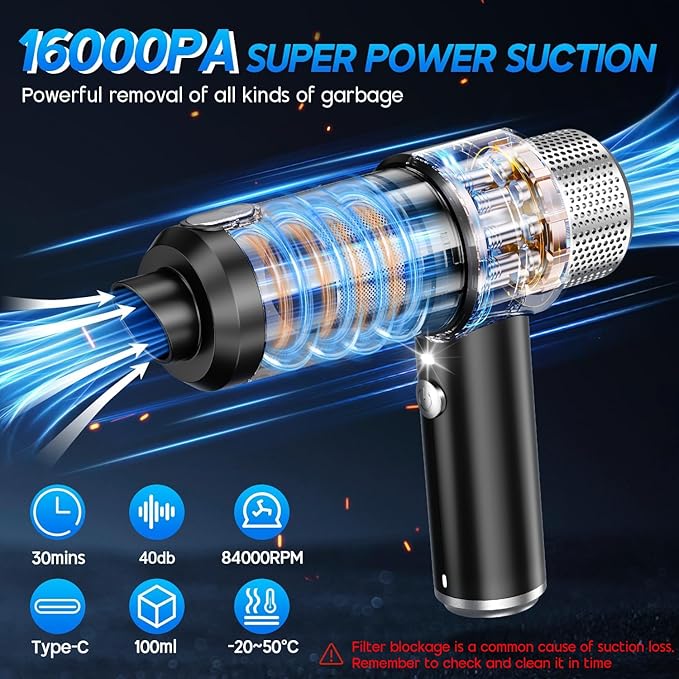 JONYJ Handheld Car Vacuum Cleaner 16000PA Hand Held Vacuum Portable Cordless 2 in 1 Air Duster and Vacuum Cleaner with LED Light Multi-Nozzles 120W High Power Mini Vacuum for Home Pet Office