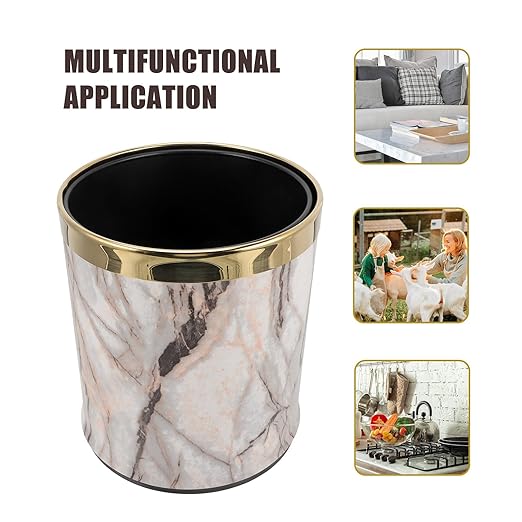 Cabilock Marble Pattern Wastebasket with Gold Ring Round Bathroom Trash Can Plastic Garbage Container for Home Living Room Office Use Sturdy Bathroom Waste Bin Plastic Waste Paper
