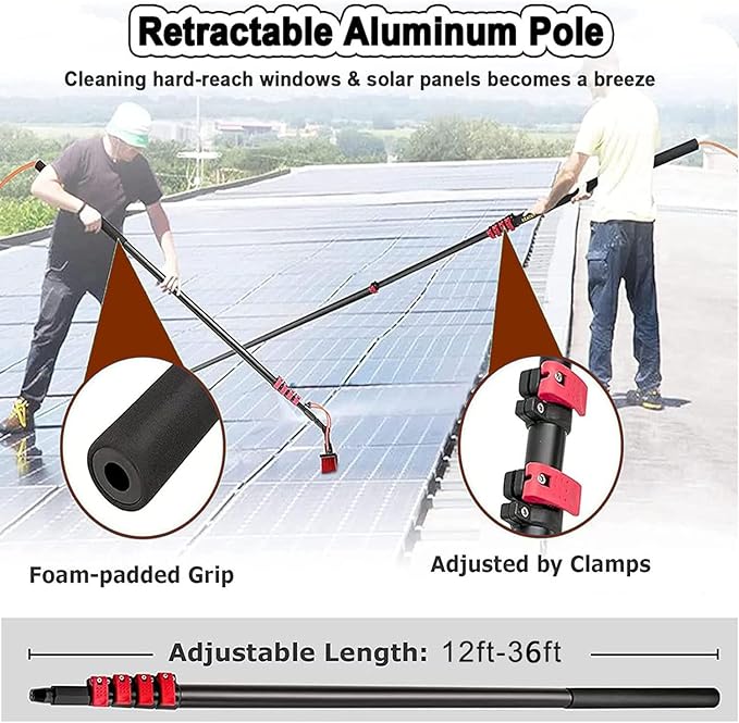 Water-Feeding Telescopic Rod Window Cleaner with Telescopic Handle Water-Fed Rod Set with Hose Shower Solar Panel Cleaning Device for Cleaner Exterior Windows(55cmbrush 10.8M/36FT)