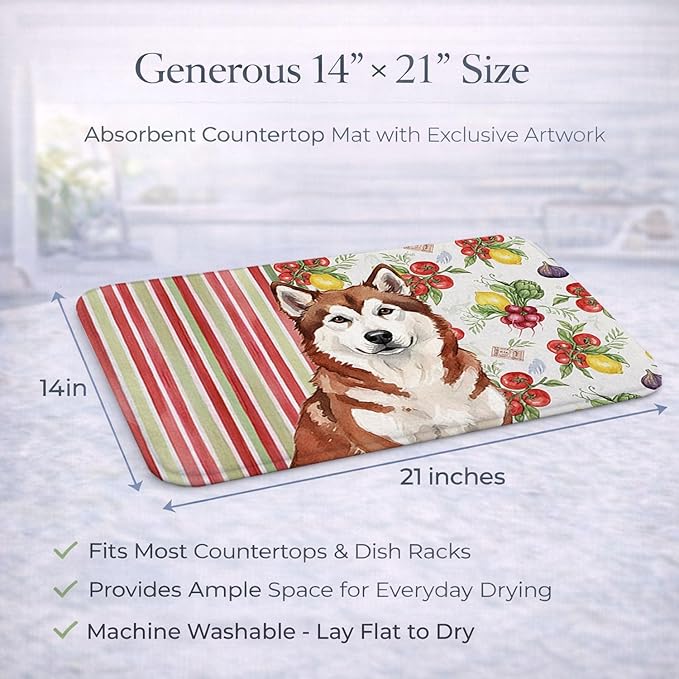 Caroline's Treasures Red and White Alaskan Malamute Vegetables Dish Drying Mat Absorbent Dish Drying Mat Pad for Kitchen Counter Dish Drainer Mat for Countertop 14 x 21 Multicolor