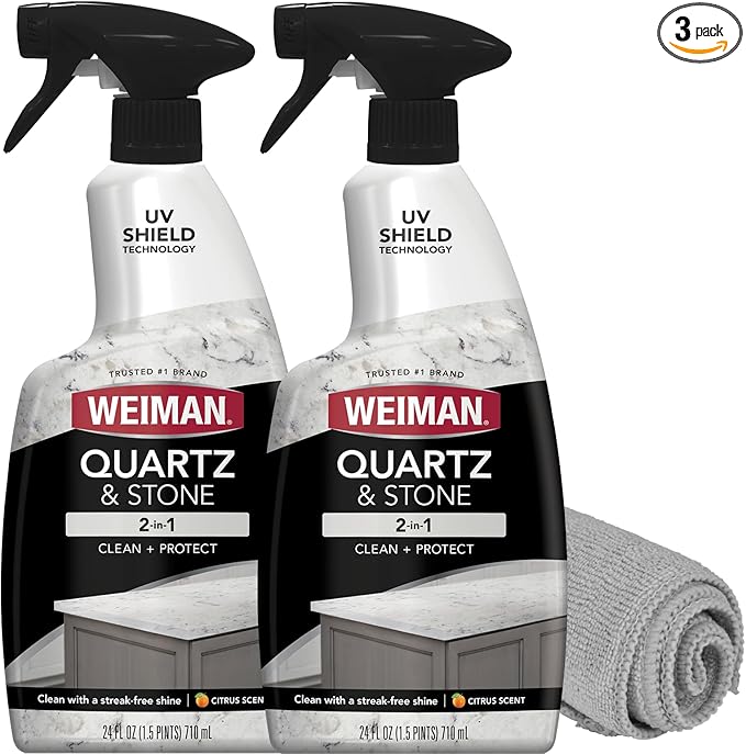 Weiman Quartz Countertop Cleaner and Polish - Clean and Shine Your Countertops Islands and Stone Surfaces with UV Protection 24 Ounce with MicroFiber Towel 2 Pack