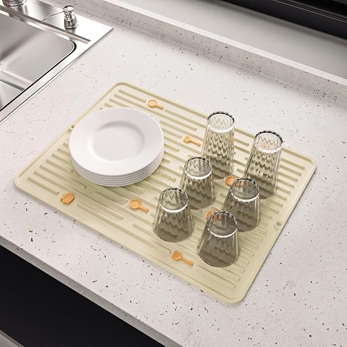 Ourokhome Dish Drying Mat for Kitchen Counter Slip Resistant Dish Mat Thickening Folding Quick Dry Heat Resistant Sink Mats Fits Under Rack Refrigerator or Drawer liner 12x16 White