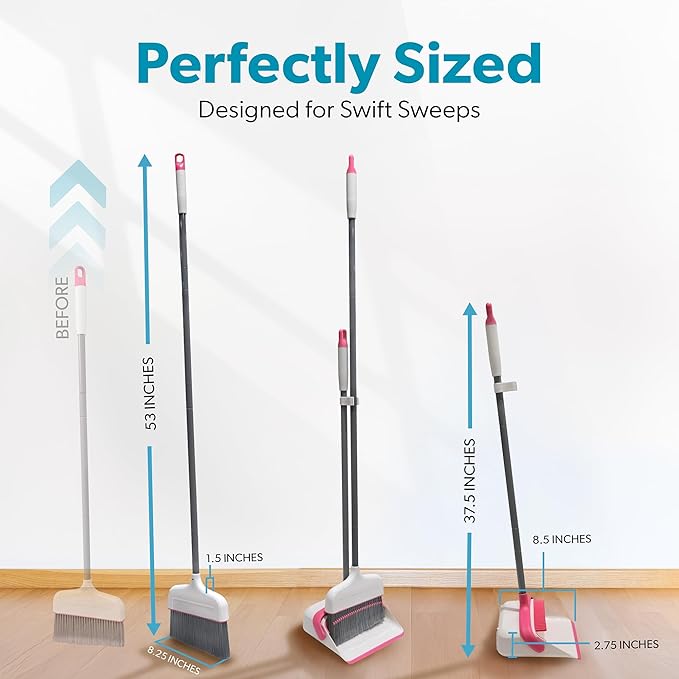 BLACK+DECKER Butler Broom &amp Dustpan Set - Stand-Up Design - Lightweight Space-Saving Combo for Kitchen Living Room Bathroom Lobby Floors - Home Cleaning Essential White/Pink