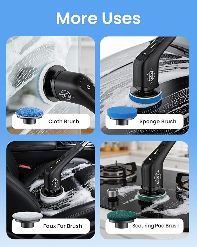 Leebein Electric Spin Scrubber Cordless Cleaning Brush with 8 Replaceable Brush Heads Tub and Floor Tile Power Scrubber Dual Speed with Adjustable &amp Detachable Handle for Bathroom Tub (All Black