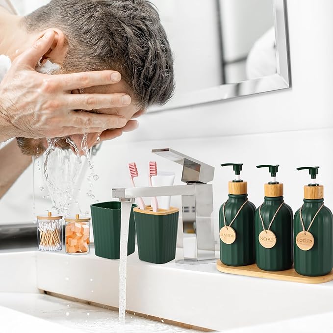 Bathroom Set 17PCS Bathroom Accessories with Trash Can 3PCS Lotion Soap DispenserBathroom Accessories Set Green Bathroom Sets for Bathroom Decor
