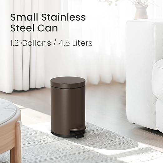 Cesun 1.2 Gallons Small Brown Trash Can Bathroom Garbage Can with Lid and Foot Pedal Mini Round Wastebasket for Bathroom Bedroom Office 4.5 Liters / 1.2 Gallons Brown