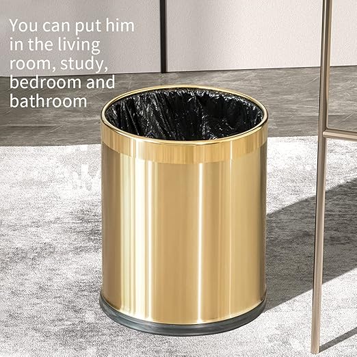 2.6Gallon/10L Brass Bathroom Trash CanBrushed Gold Bathroom Waste BasketGolden Small Garbage Can Waste Basket for BedroomOfficeStoreMetal Trash bin Without lid (Gold)