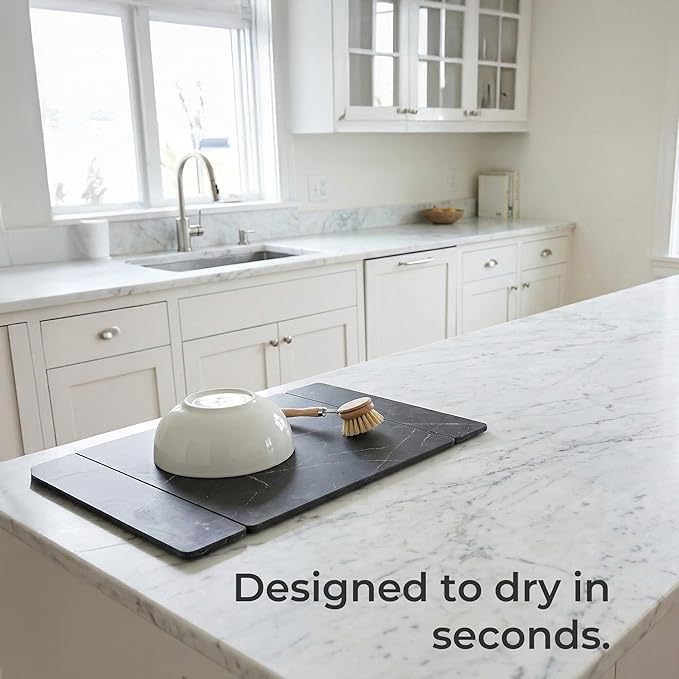 Selegna Collapsible Stone Drying Mat for Kitchen Counter – Tri-Panel Dish Drying Mat Made from Diatomaceous Earth | Quick Dry Diatomite Mat for Sink Countertop &amp Dishes (Charcoal)