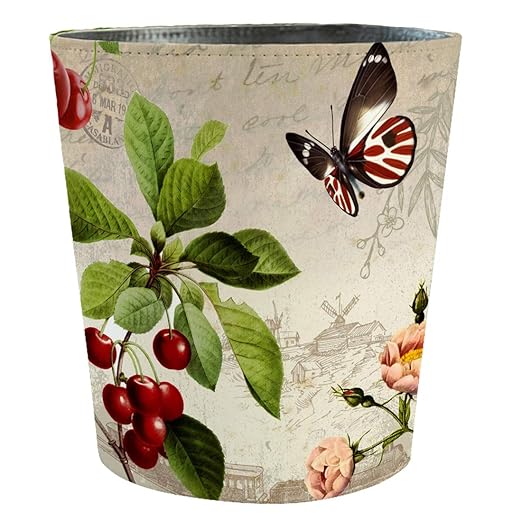 10L/2.64 Gallon Trash Can Decorative Waste Basket PU Leather Waste Paper Basket Waterproof Garbage Can for Bathroom Bedroom Office Kitchen and Living Room - Butterfly Four-Leaf Flower