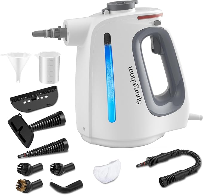Spurgehom Handheld Multi-Surface Steam Cleaner with 11-Pc Accessories &amp Safety Lock – Dirty-Free 550ML Large Capacity Steamer for Floors Upholstery Cars and Home Use