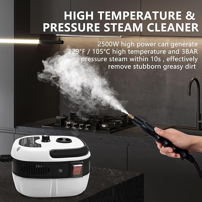 Handheld Steam Cleaner 2500W Pressurized Steam Cleaner with 3 Brush Heads Portable Steam Cleaner for Home Car Furniture Kitchen Bathroom and Wall White