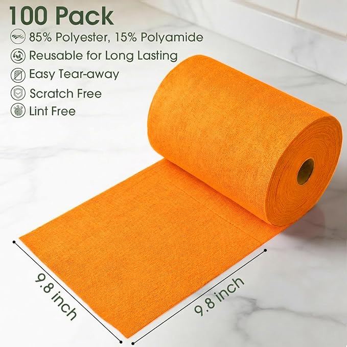 Microfiber Cleaning Cloth Roll–100 Pack Tear Away Microfiber Towels Reusable Washable Scratch-Free Kitchen Towels for Car Home Kitchen Glass Dishes(Honey Orange)