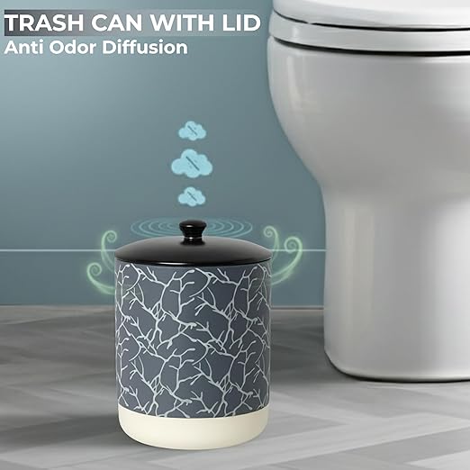 Escenzy Textured Luxury Stone Bathroom Trash Can with Lid 5L | 7 x 10 | High End Ceramic Trash Can | Decorative Waste Basket for Bathroom Bedroom Kitchen Hotels or Living Room Decor | Ideal Gift