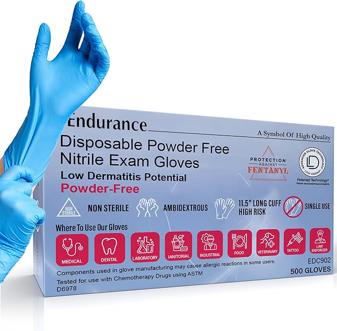 Saf-Care Endurance Blue Nitrile Gloves – 8 Mil Heavy-Duty Disposable Gloves Powder &amp Latex-Free Low Derma Non-Sterile 11.5-Inch Extended Cuff for Industrial Medical Exam Cleaning (500 Small