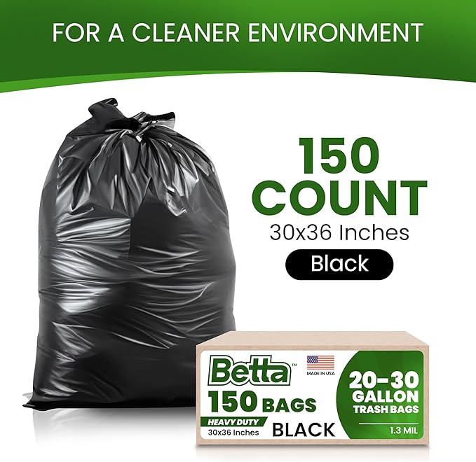 Betta 20-30 Gallon Black Trash Bags 150 Count Box (30x36-inch) Commercial Heavy-Duty Garbage Can Liners for 16-20 Gallon Round Cans 15-23 Gallon Slim and Square Cans