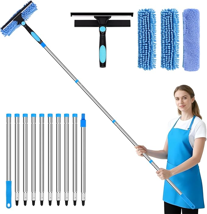 12.2FT/3.7M Window Cleaning Tools Professional 2 in 1 Window Cleaner Tool Kit 2 in 1 Extendable Squeegee Window Cleaner for high Windows Car Glass