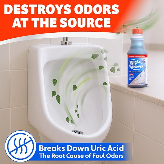 Commercial-Grade Urinal Salt Remover – Made in the USA – Odor Neutralizing Urinal Cleaner for Salt Calcium Rust and Scale Build-Up – Safe For All Plumbing – 32 fl oz