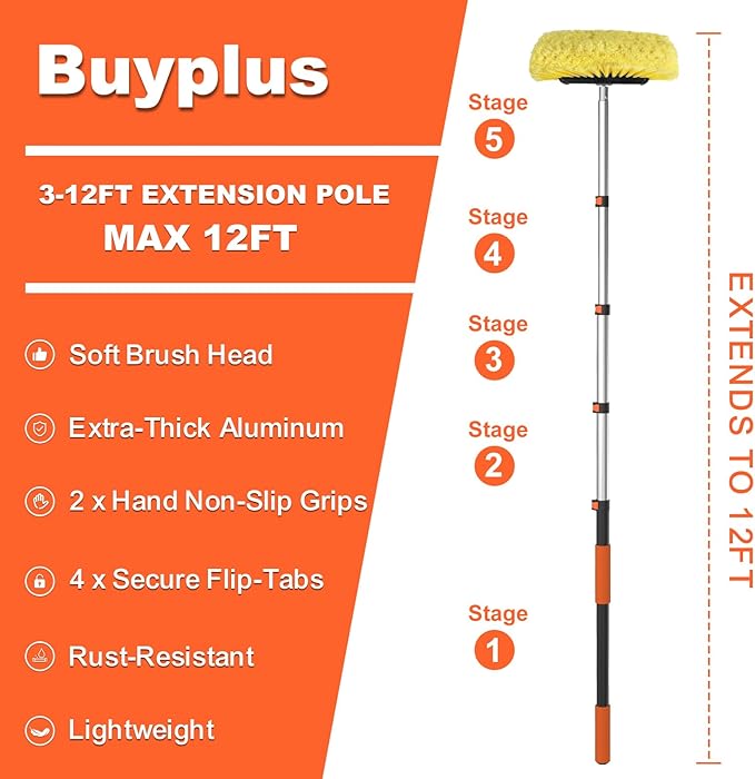 Buyplus 12FT Car Wash Brush with Long Handle 12-Inch Soft Bristle with Aluminium Telescoping Pole for Cleaning Car SUV RV Boats House Siding Floors Solar Panels and More
