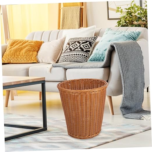 PRETYZOOM Simulated Rattan Woven Trash Can Wastebasket Multifunctional Storage Basket for Home Kitchen Office Bedroom