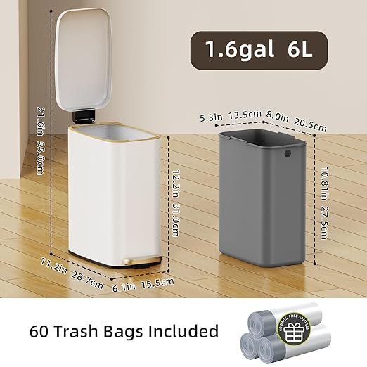 Small Bathroom Trash Can with Lid Soft Close Step Pedal 6L / 1.6 Gal Stainless Steel Garbage Bin with Removable Inner Bucket Slim Wastebasket for Narrow Spaces (White)